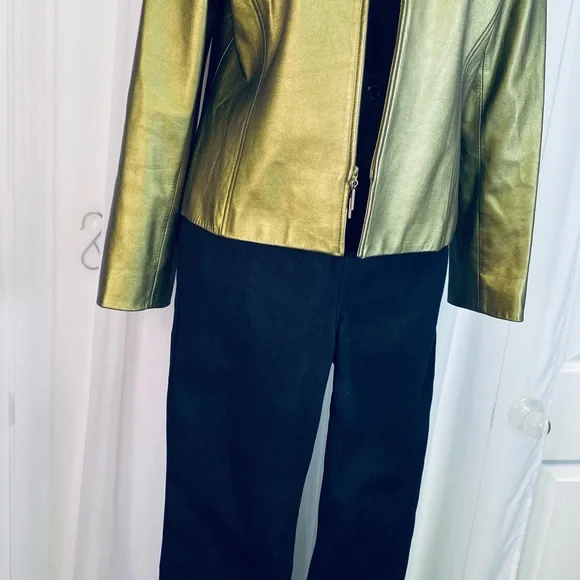Linda Allard Ellen Tracy Metallic Green Gold Leather Jacket - Picture 10 of 10